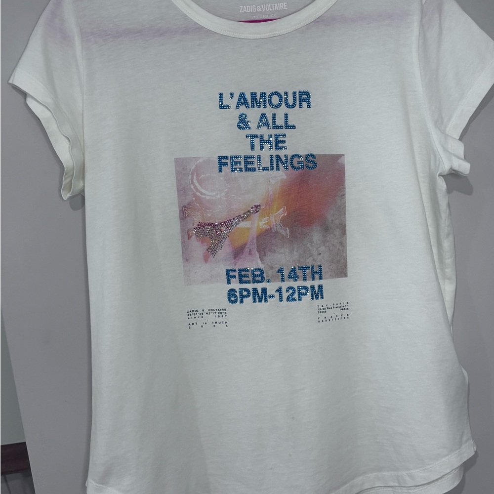 Zadig & Voltaire White Kids Graphic 'L'AMOUR' Tee with Blue Print